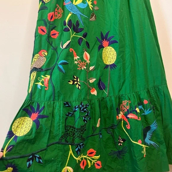 Anthropologie Embroidered Floral Green Strapless Ruffled Maxi Dress Size Medium - Picture 6 of 11